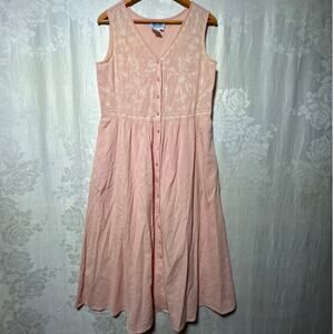 Vintage Midi Shirt Dress 10 Pink Gingham Embroidered Sleeveless Pockets Prairie